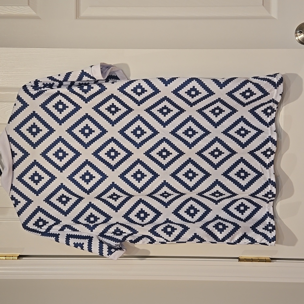 Men's Blue & White Geometric Print Zip-Up Top | Short Sleeve Casual Chic, 2XL - Picture 5 of 7